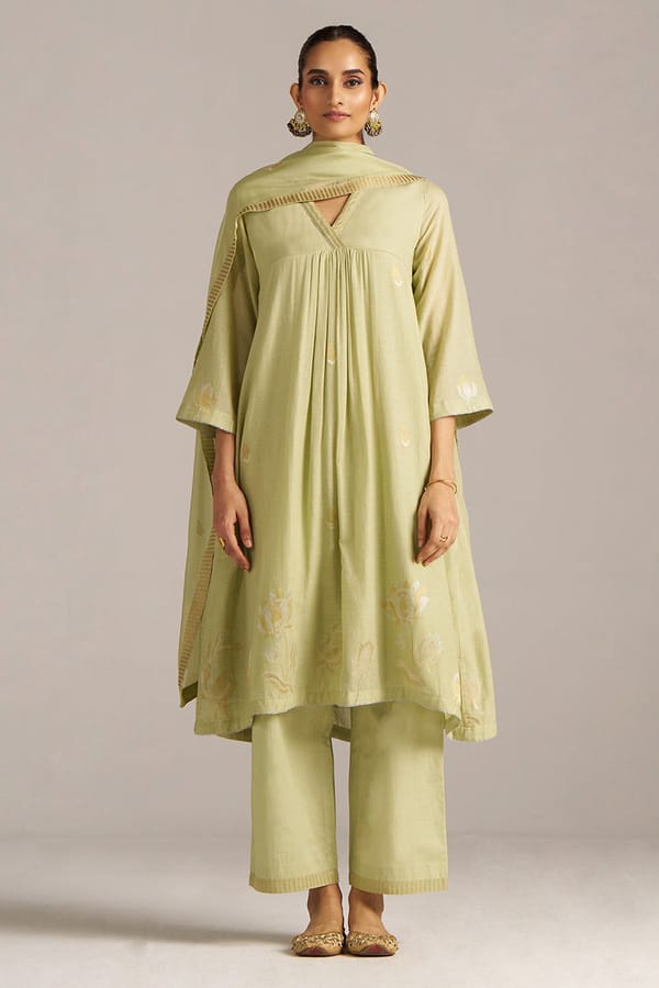 Lime Zari-Woven Mul Cotton A-Line Kurta Set — Ganga Fashions Pvt Ltd