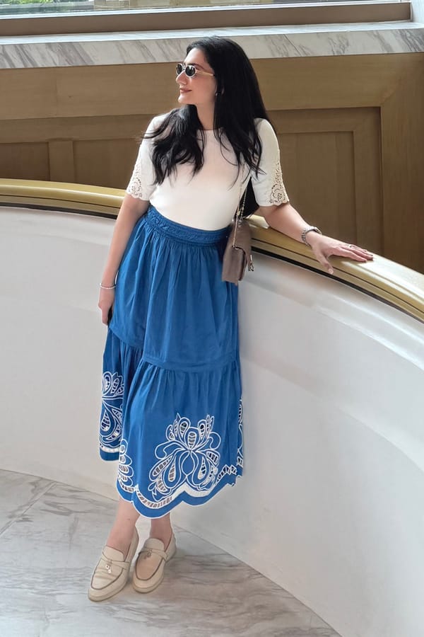 Blue High-Waist Tiered Cutwork Midi Skirt — Style Island