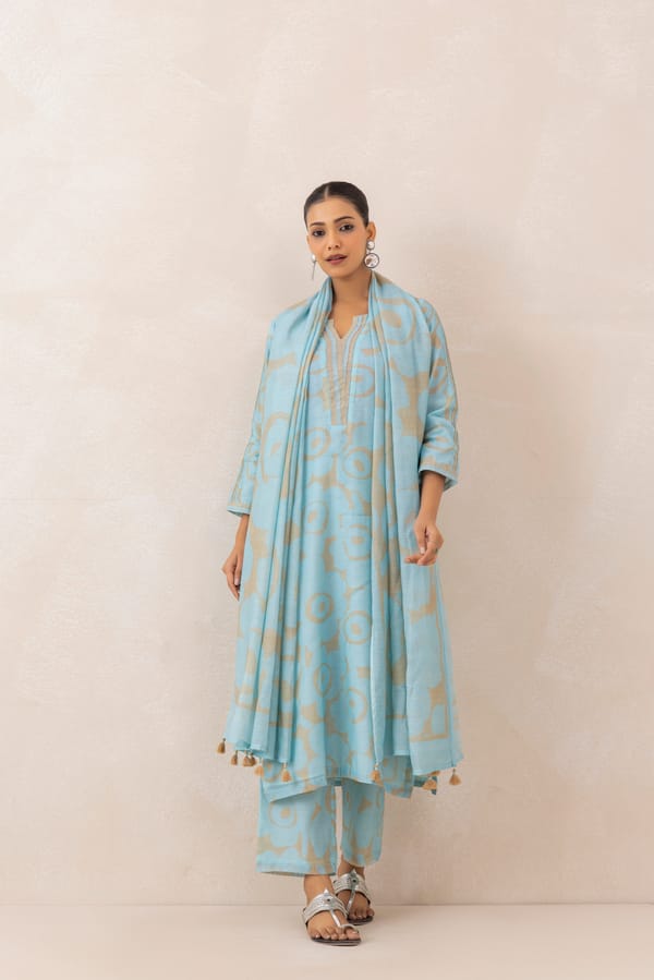 Blue Beige Abstract Printed Chanderi Kurta Set with Dupatta — CHHIPA JAIPUR