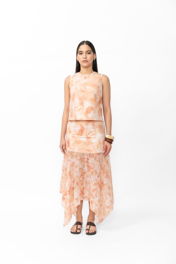Peach Printed Handkerchief Hem Maxi Skirt — Contemponari