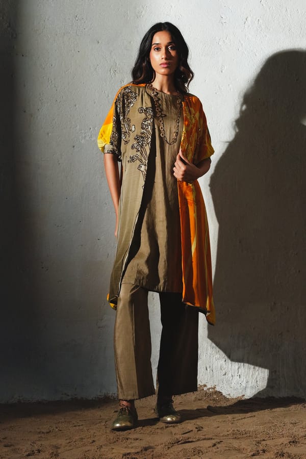Orange Colorblock 3-Piece Jacket-Style Kurta Set — Basil Leaf