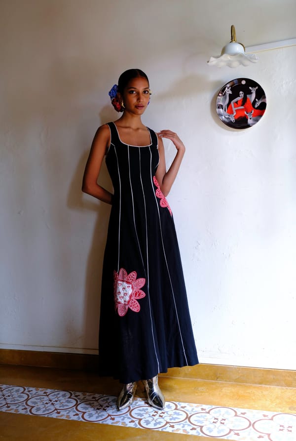 Black Handwoven Cotton Scoop-Neck Maxi Dress with Applique — JODI