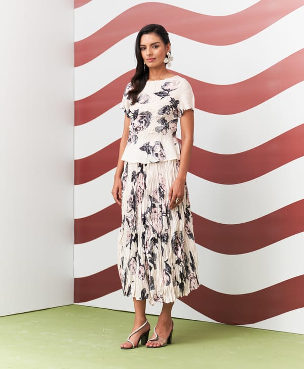 White Floral Printed Top and Pleated Midi Skirt Co-ord Set — Pleats by Aruni