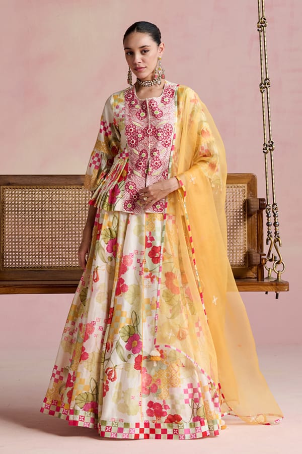 Multicolor Chanderi Lehenga Set with Embroidered Choli — NIRVAIR CLOTHING