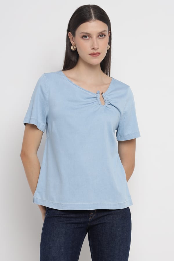 Light Wash Blue Ruched Keyhole Neck Regular Fit Top — SALSA JEANS