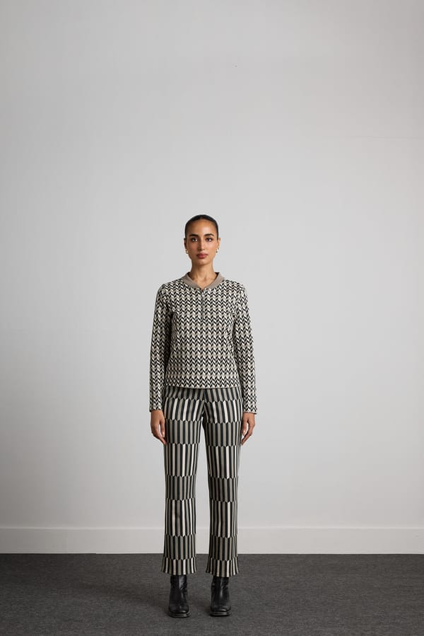 Black Geometric Print Zip-Neck Co-ord Set with Pants — Muvazo