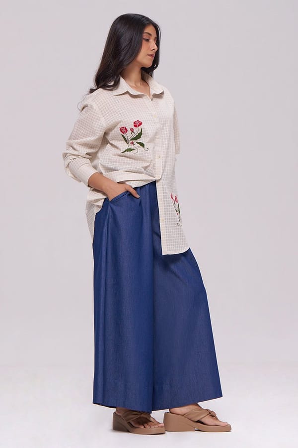Off-White Shirt and Denim Blue Wide-Leg Co-ord Set — Ganga Fashions Pvt Ltd