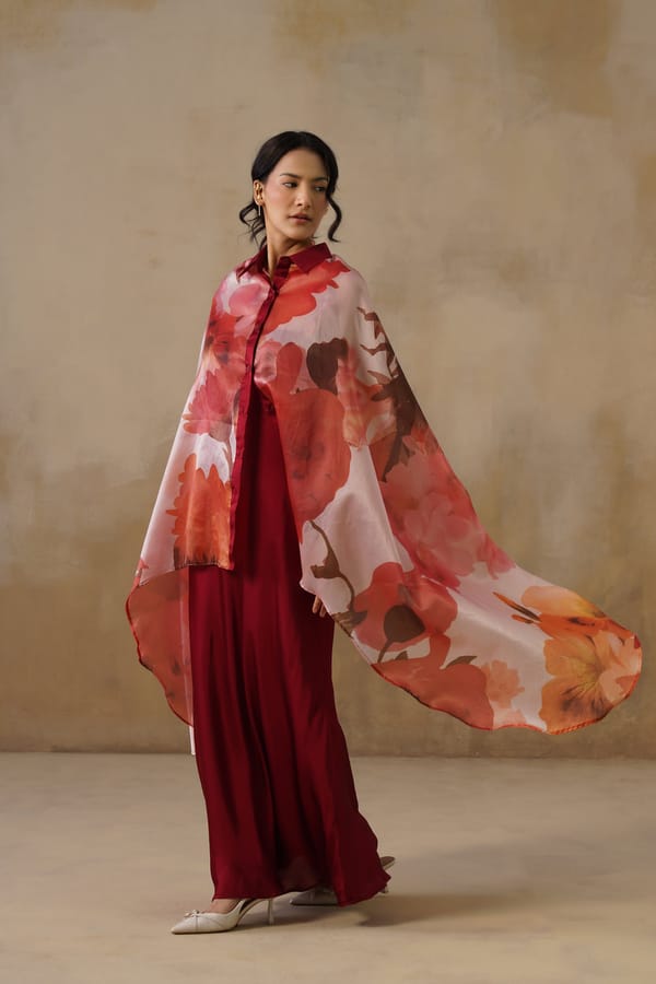 Wine Red Sheer Organza Floral Cape Shirt Top — IERA