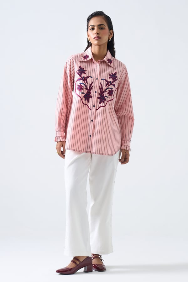 Peach Striped Embroidered Longline Cotton Shirt — STITCH STORIES