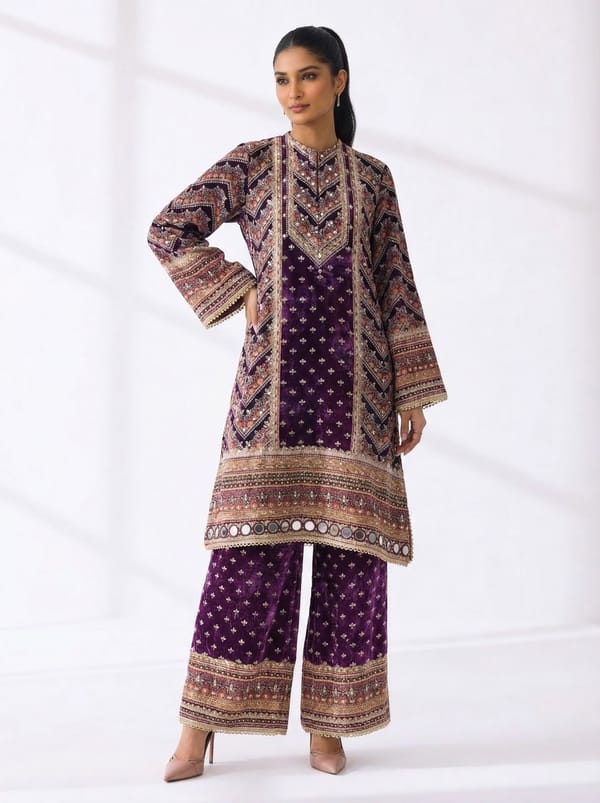 Embellish A-Line Kurta Palazzo Set — Surkh Syahi