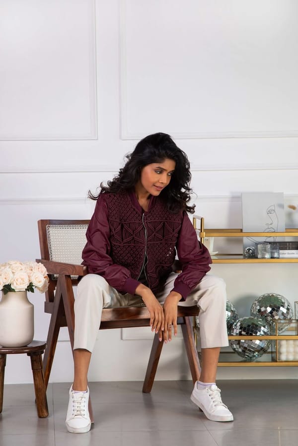 Dark Brown Macrame Zip-Front Bomber Jacket — Rhe-Ana
