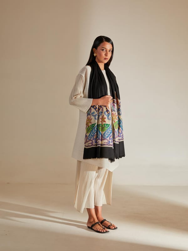 Pashmina Kalamkari Border Stole — Shaza