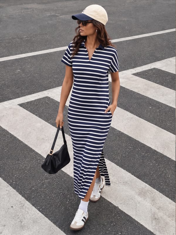 Navy Cotton Stripe Maxi Dress — Femmella