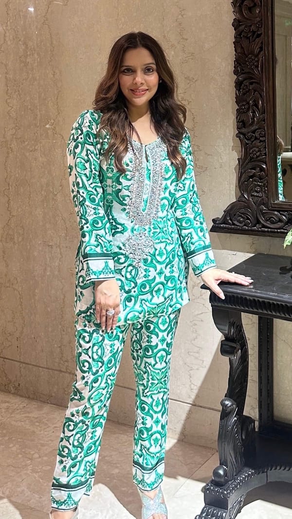 Green Printed Muslin Co-ord Set with Crystal Embroidery — Kylee Fashions