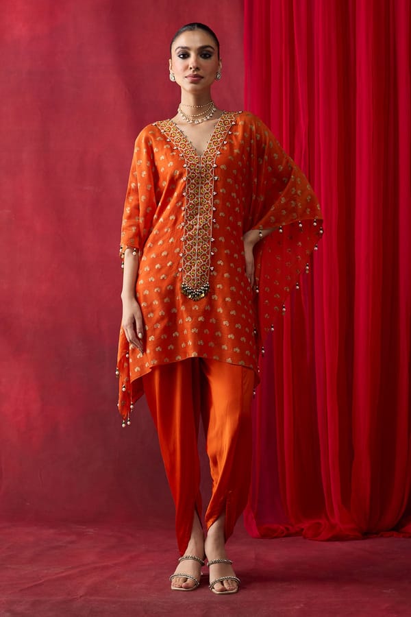 Orange Block Print Kaftan Top and Cowl Pants Co-ord Set — Shikha Mehta