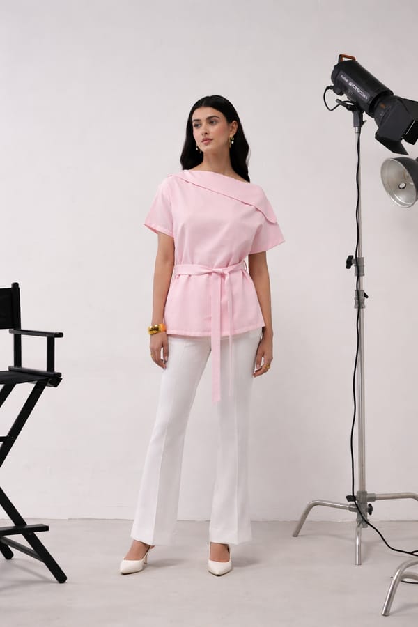 Baby Pink One-Shoulder Co-ord Set with Bootcut Trousers — AMOSHI
