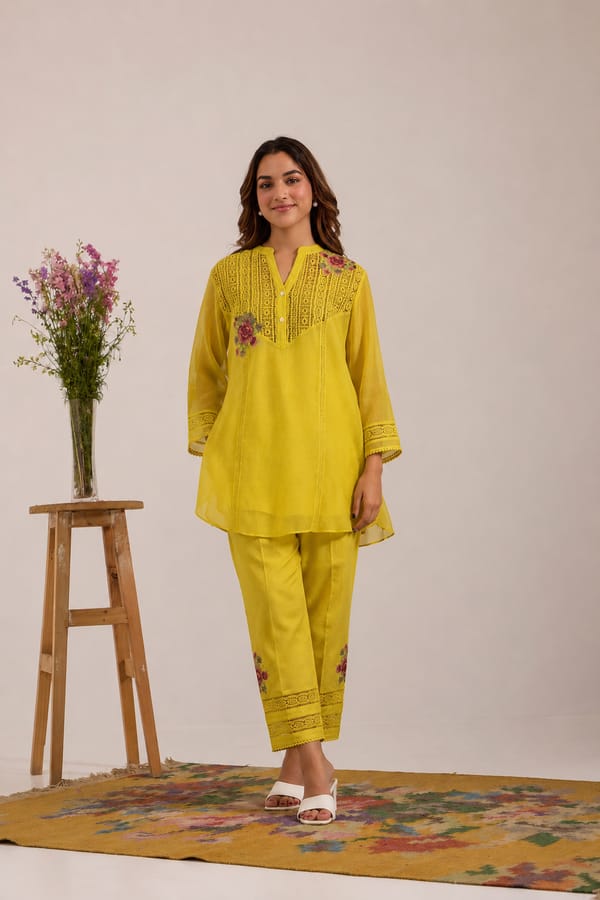 Mul Chanderi Shirt Set with V-Lace Yoke — Omi Clothing