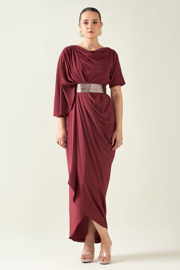 Wiine Alloy Drape Dress With Belt — Aakaar