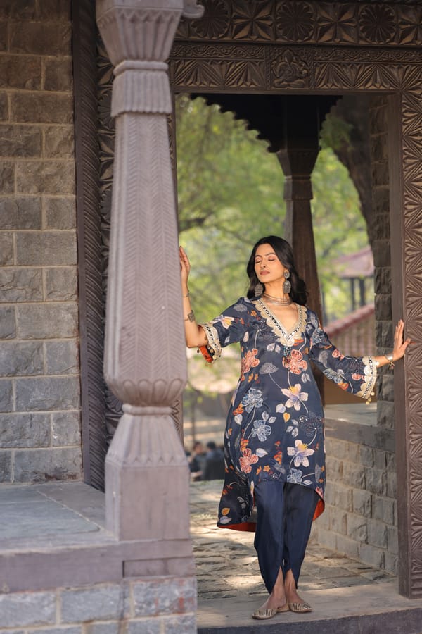 Mirror Work Printed Dhoti Set Blue — Kahani Lush