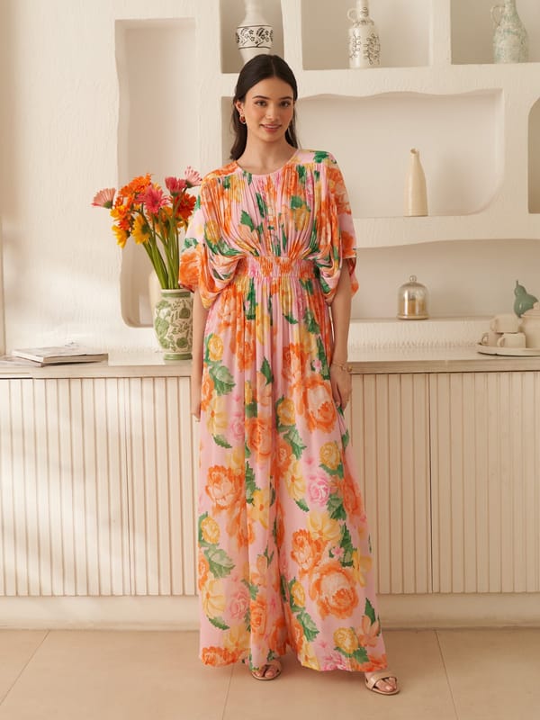Pink Floral Smocked-Waist Wide-Leg Jumpsuit — Houseofsoi