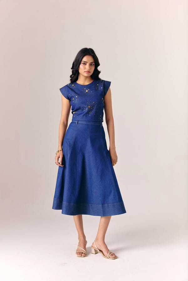 Dark Blue Denim A-Line Midi Skirt — Savaaya