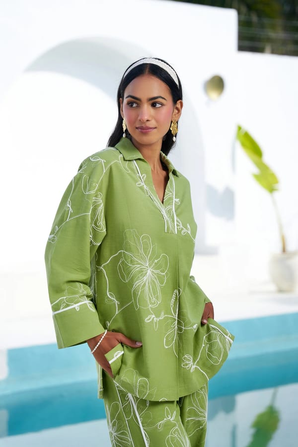 Green Linen-Cotton Relaxed Fit Shirt with Dori Work — STITCH STORIES