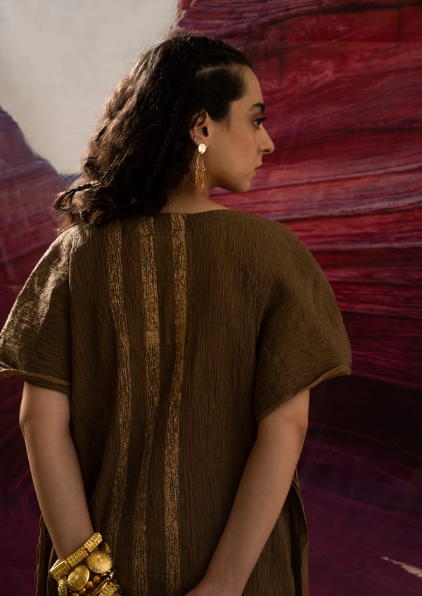 Gold-Muddy Block Printed Crinkle Kaftan with Slip and Stole — Banana Labs