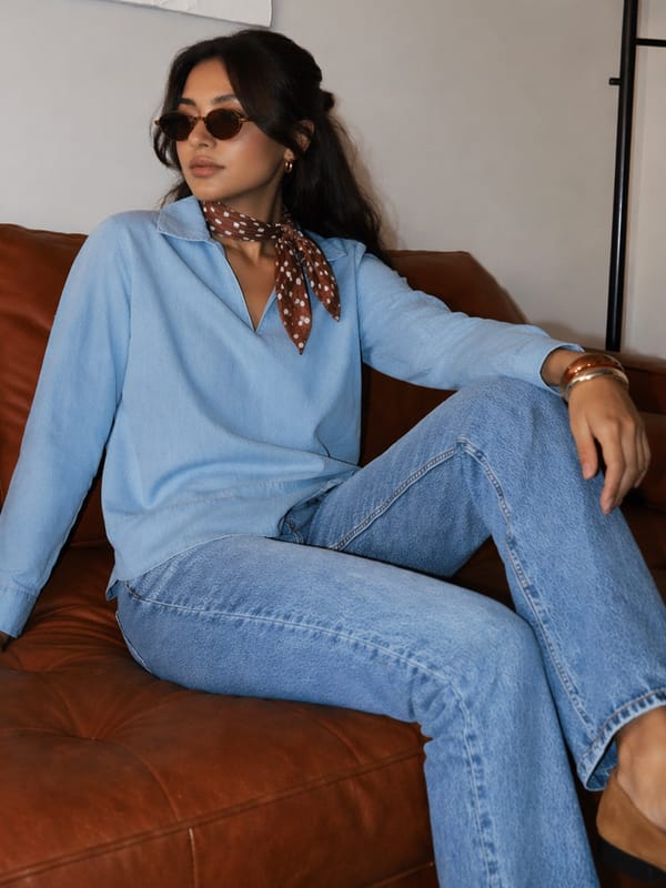 DenimLite Light Blue Relaxed Fit Top — Femmella