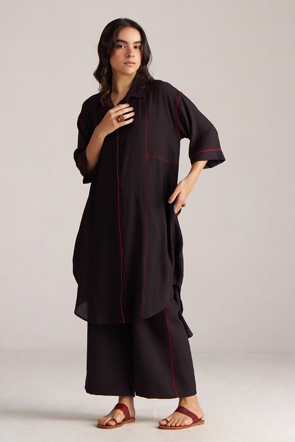 Black Crushed Viscose Shirt and Wide-Leg Pants Co-ord Set — Ganga Fashions Pvt Ltd