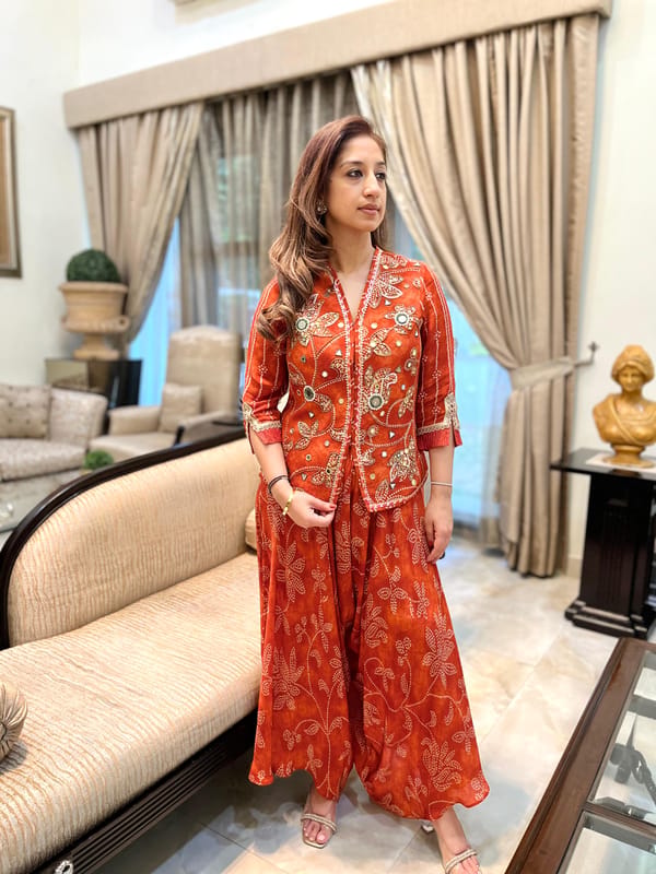 Orange Bandhani Embroidered Top and Drape Pant Co-ord Set — BUMBLEBEE
