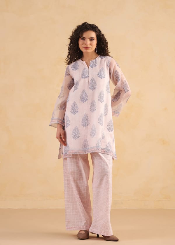 Bell Sleeve Short Kurta Set - Blue /Peach — Ratan Jaipur