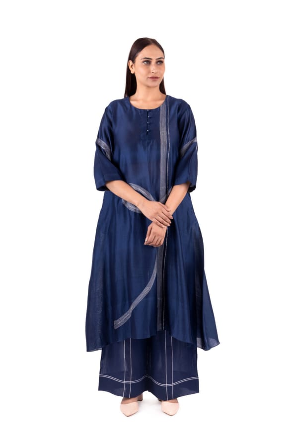 Blue Chanderi Silk Kurta and Wide-Leg Pant Co-ord Set — Khat