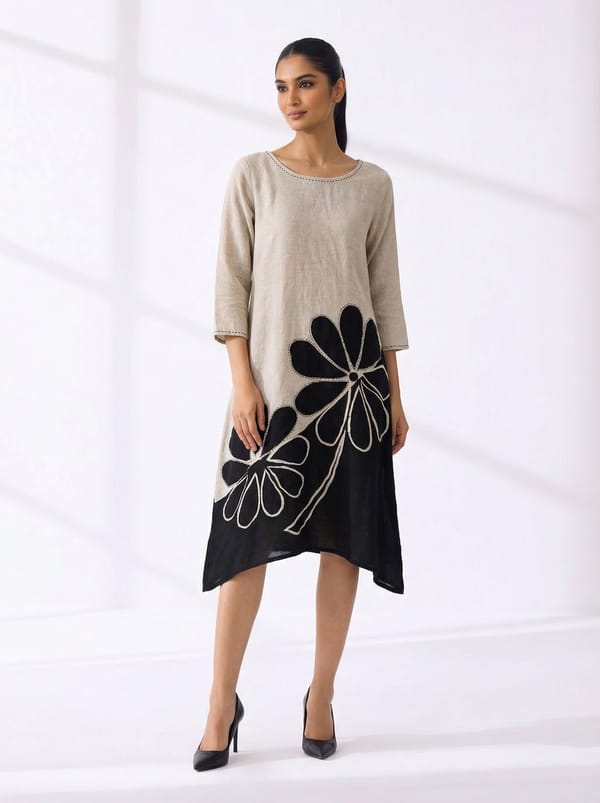 Black and Beige Linen Midi Dress with Floral Appliqué — Linen Bloom