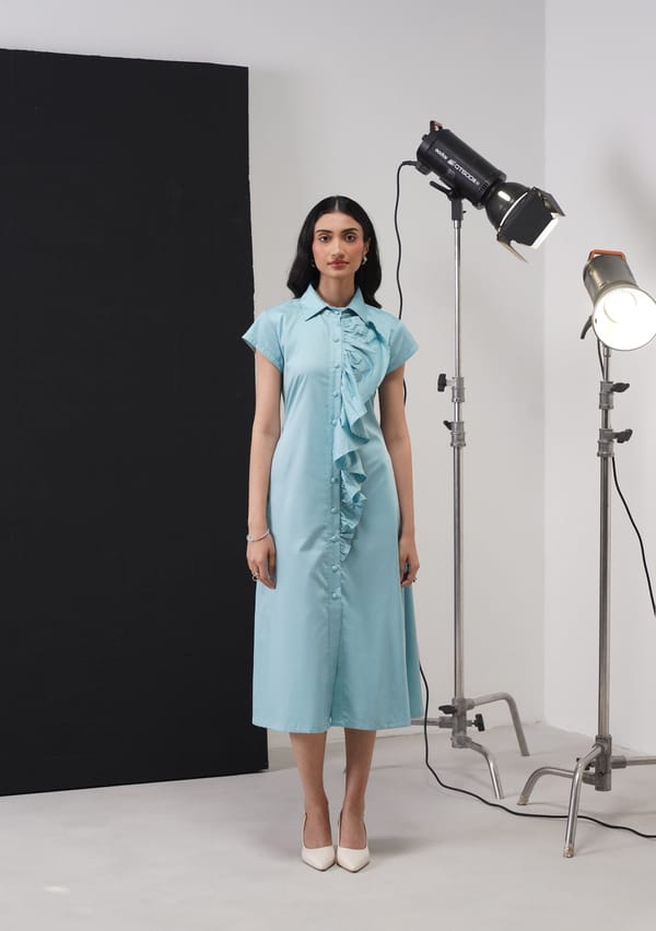 Soft Cyan Cotton Midi Shirt Dress with Ruffle Detail — AMOSHI