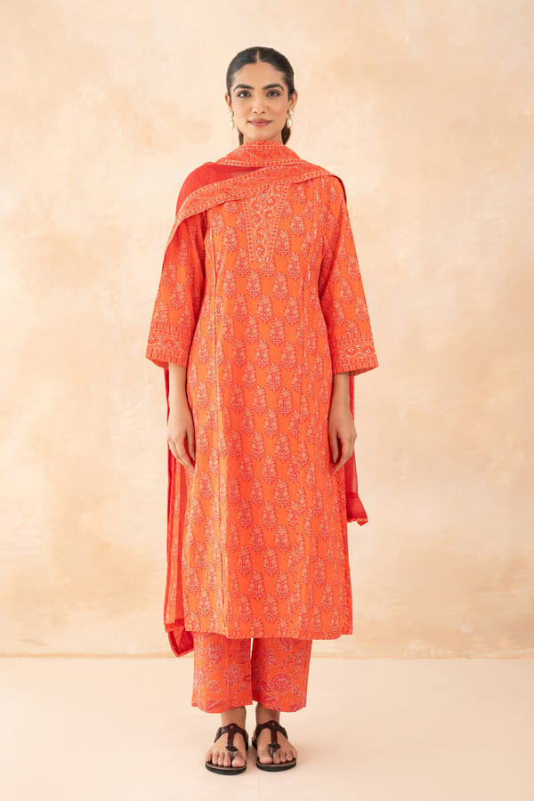 Cotton Gud But Print Kurta Set in Orange & Red — CHHIPA JAIPUR