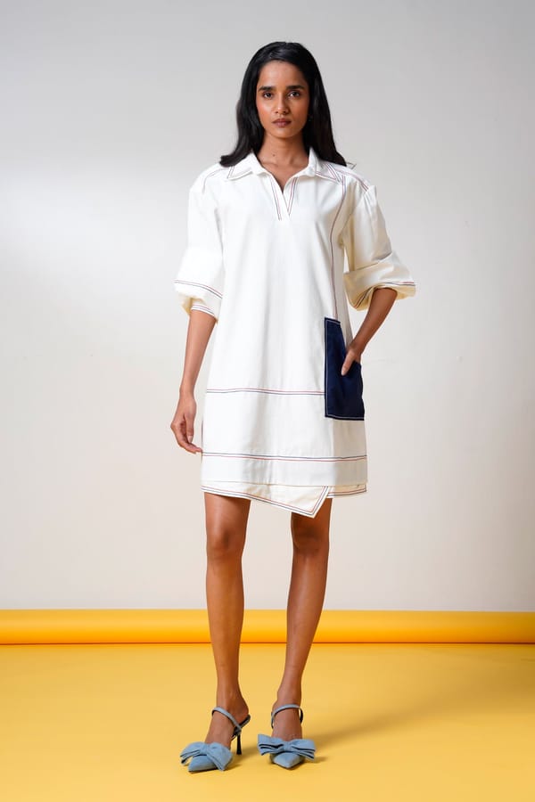White Denim Mini Shirt Dress with Contrast Patch Pocket — Madder Much
