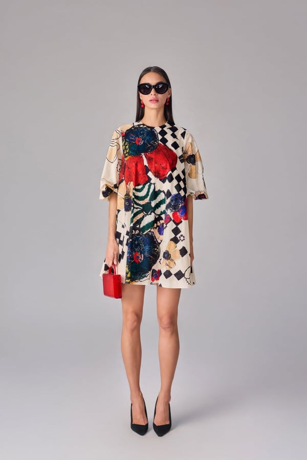 Multi Printed Shift Mini Dress with Bell Sleeves — Saaksha and Kinni