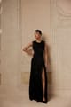 Black Satin Bias-Cut Maxi Gown with Lace Slit - Sage by Mala - Image 1