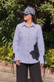 Blue/White Striped Shirt with Black Floral Appliqué - Design By Queen Bee - Image 1