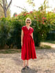 Red Textured Fit and Flare Midi Dress with Waist Sash - Style Island - Image 1