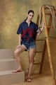 Dark Denim Crop Shirt with Burgundy Guipure Lace - Rhe-Ana - Image 1