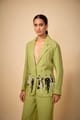 Pista Green Linen Blazer with Hem Artwork - Linen Bloom - Image 1