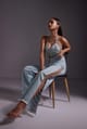 Blue Wide-Leg High-Waist Jeans with Rhinestone Side Slit - The clothing factory - Image 1