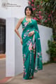 Teal Linen Saree with Multicolour Floral Print - Dressfolk - Image 1