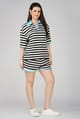 Black and White Striped Oversized Polo T-Shirt with Blue Collar - The clothing factory - Image 1