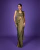 Olive Gold Shimmer Tissue Saree Set with Mirror Work Blouse - QUNIC - Image 1