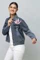 Smoke Grey Denim Jacket with Oversized Floral Applique - Rhe-Ana - Image 1