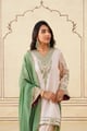 Pastel Embroidered Set with Green Organza Dupatta Beige & Green color