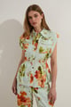 Premium Viscose Linen Floral Topstitch Woven Blouse with Waist Seam Detail White/Orange/Green color