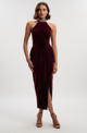 Tailored Velvet Halter Embellished Neck Midi Dress Burgundy color